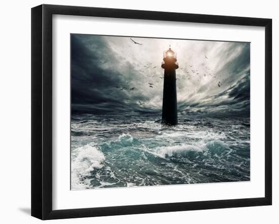 Stormy Sky Over Flooded Lighthouse-NejroN Photo-Framed Art Print