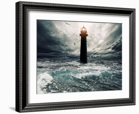 Stormy Sky Over Flooded Lighthouse-NejroN Photo-Framed Art Print