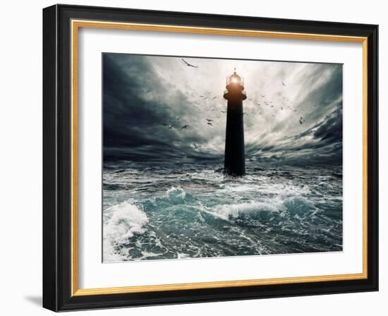 Stormy Sky Over Flooded Lighthouse-NejroN Photo-Framed Art Print