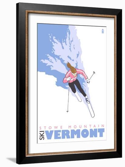 Stowe Mountain, Vermont, Stylized Skier-Lantern Press-Framed Art Print