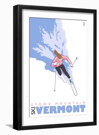 Stowe Mountain, Vermont, Stylized Skier-Lantern Press-Framed Art Print