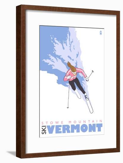 Stowe Mountain, Vermont, Stylized Skier-Lantern Press-Framed Art Print