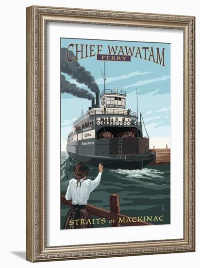 Straits of Mackinac, Michigan - Chief Wawatam Ferry-Lantern Press-Framed Art Print