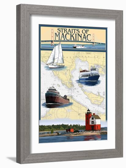 Straits of Mackinac, Michigan - Nautical Chart-Lantern Press-Framed Art Print