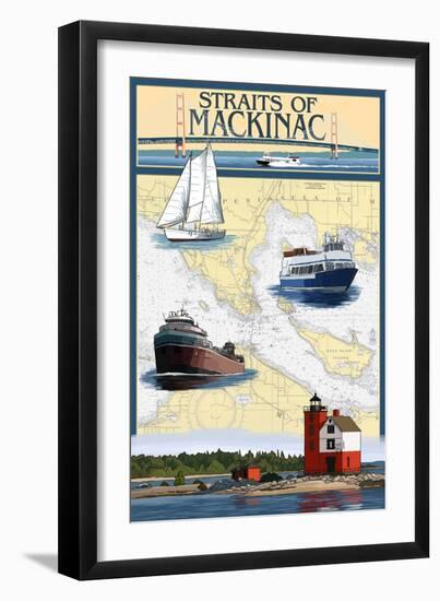 Straits of Mackinac, Michigan - Nautical Chart-Lantern Press-Framed Art Print