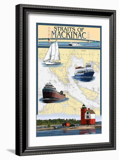 Straits of Mackinac, Michigan - Nautical Chart-Lantern Press-Framed Art Print