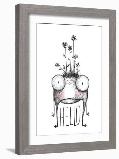 Strange Hand Drawn Monster with Flowers Greeting Card. Mutant Cartoon Creature, Character Funny Com-Popmarleo-Framed Art Print