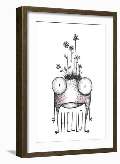 Strange Hand Drawn Monster with Flowers Greeting Card. Mutant Cartoon Creature, Character Funny Com-Popmarleo-Framed Art Print