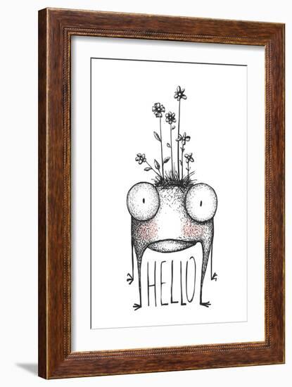 Strange Hand Drawn Monster with Flowers Greeting Card. Mutant Cartoon Creature, Character Funny Com-Popmarleo-Framed Art Print