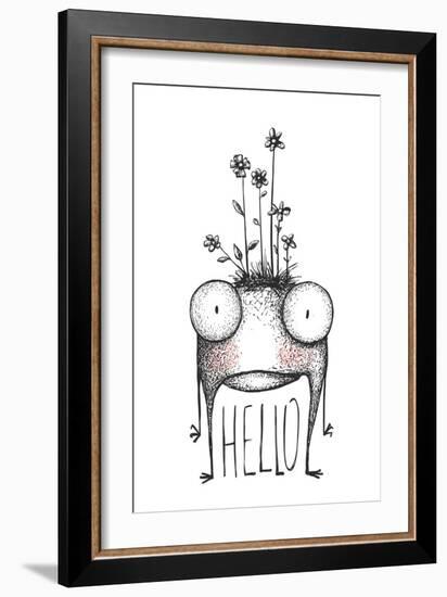 Strange Hand Drawn Monster with Flowers Greeting Card. Mutant Cartoon Creature, Character Funny Com-Popmarleo-Framed Art Print