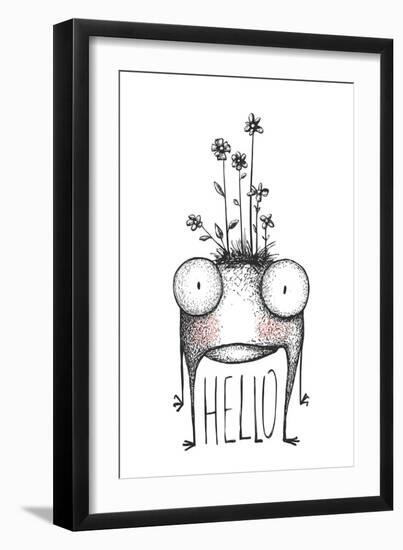 Strange Hand Drawn Monster with Flowers Greeting Card. Mutant Cartoon Creature, Character Funny Com-Popmarleo-Framed Art Print