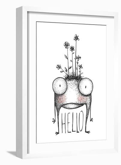 Strange Hand Drawn Monster with Flowers Greeting Card. Mutant Cartoon Creature, Character Funny Com-Popmarleo-Framed Art Print