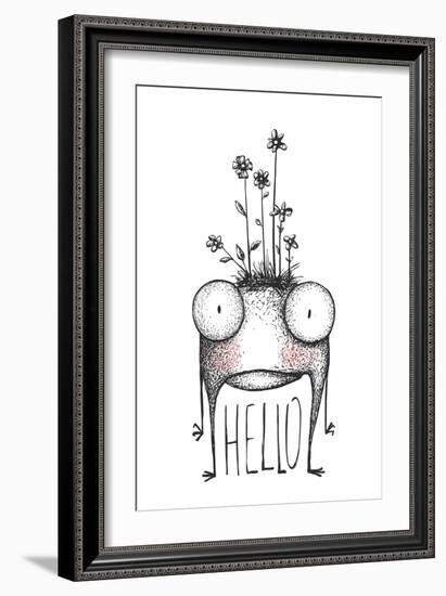 Strange Hand Drawn Monster with Flowers Greeting Card. Mutant Cartoon Creature, Character Funny Com-Popmarleo-Framed Art Print