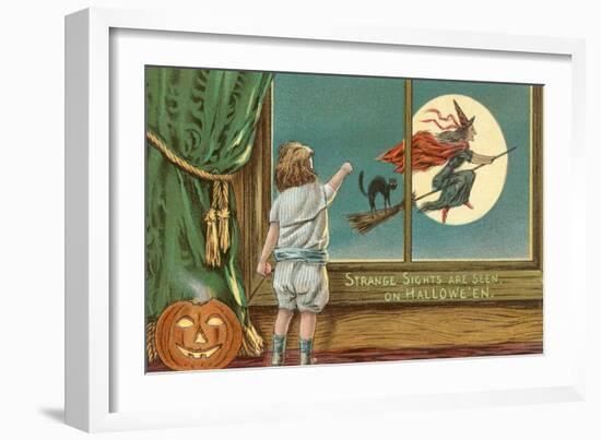 Strange Sights Are Seen on Halloween, Witch from Window-null-Framed Art Print