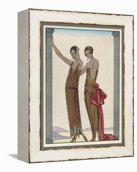 Strapless Gold Dress Draped up Over One Hip and Tied with a Large Sash Bow Which Creates a Train-Georges Barbier-Framed Premier Image Canvas