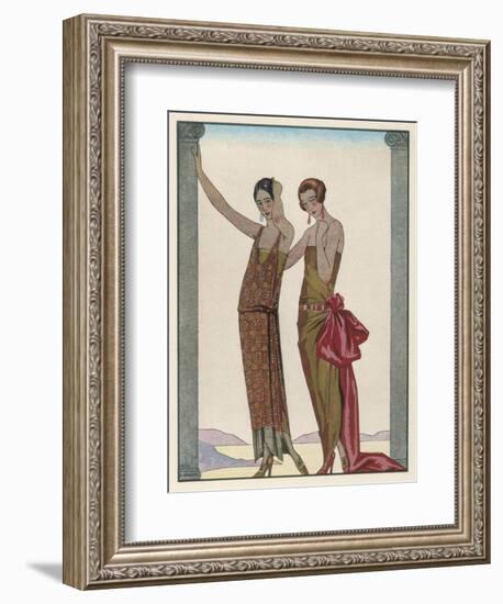 Strapless Gold Dress Draped up Over One Hip and Tied with a Large Sash Bow Which Creates a Train-Georges Barbier-Framed Photographic Print