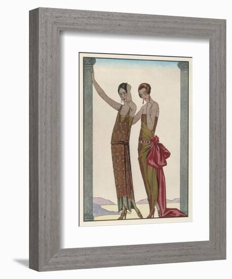 Strapless Gold Dress Draped up Over One Hip and Tied with a Large Sash Bow Which Creates a Train-Georges Barbier-Framed Photographic Print