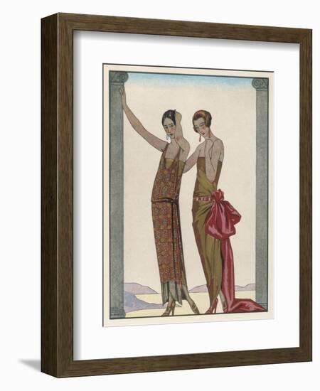 Strapless Gold Dress Draped up Over One Hip and Tied with a Large Sash Bow Which Creates a Train-Georges Barbier-Framed Photographic Print