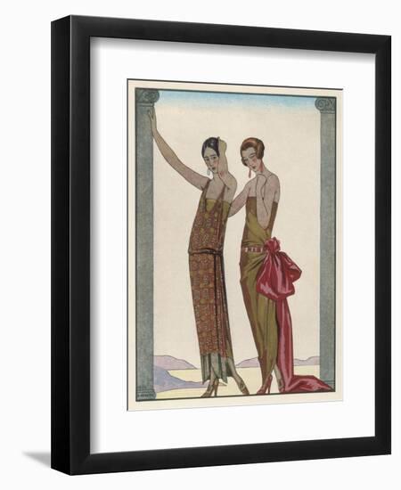 Strapless Gold Dress Draped up Over One Hip and Tied with a Large Sash Bow Which Creates a Train-Georges Barbier-Framed Photographic Print