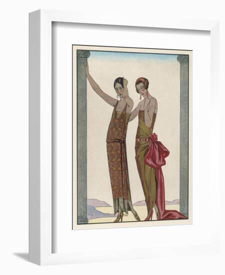 Strapless Gold Dress Draped up Over One Hip and Tied with a Large Sash Bow Which Creates a Train-Georges Barbier-Framed Photographic Print