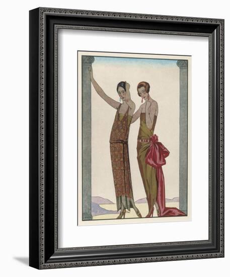 Strapless Gold Dress Draped up Over One Hip and Tied with a Large Sash Bow Which Creates a Train-Georges Barbier-Framed Photographic Print