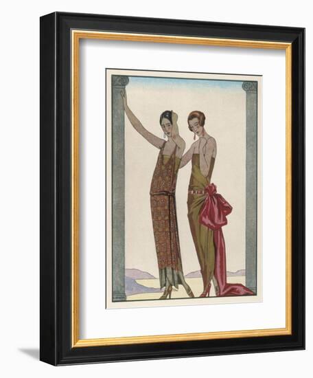 Strapless Gold Dress Draped up Over One Hip and Tied with a Large Sash Bow Which Creates a Train-Georges Barbier-Framed Photographic Print