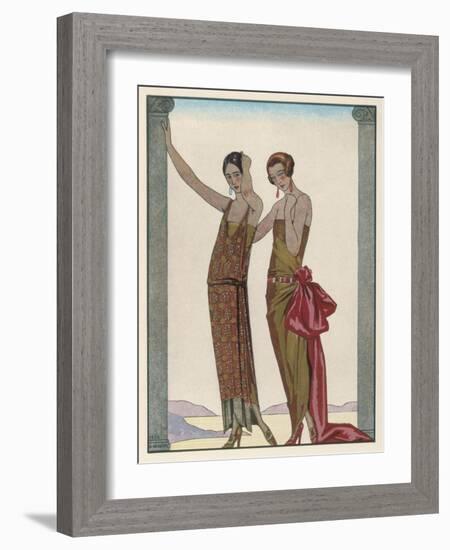 Strapless Gold Dress Draped up Over One Hip and Tied with a Large Sash Bow Which Creates a Train-Georges Barbier-Framed Photographic Print