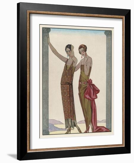 Strapless Gold Dress Draped up Over One Hip and Tied with a Large Sash Bow Which Creates a Train-Georges Barbier-Framed Photographic Print