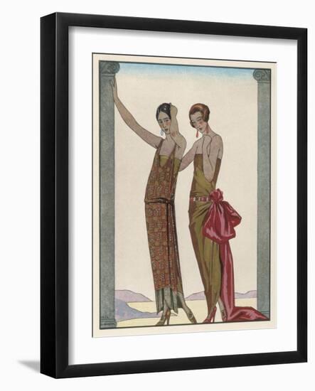 Strapless Gold Dress Draped up Over One Hip and Tied with a Large Sash Bow Which Creates a Train-Georges Barbier-Framed Photographic Print