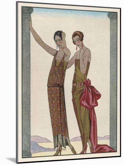 Strapless Gold Dress Draped up Over One Hip and Tied with a Large Sash Bow Which Creates a Train-Georges Barbier-Mounted Photographic Print