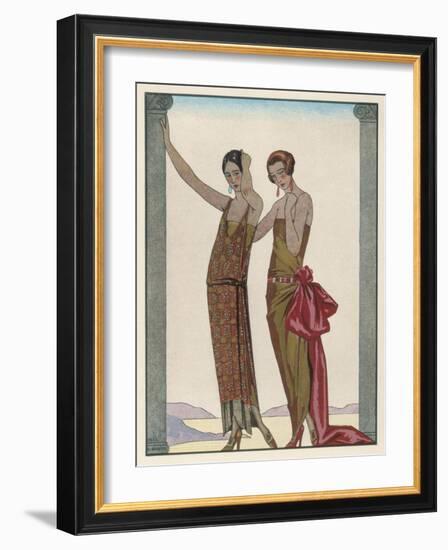 Strapless Gold Dress Draped up Over One Hip and Tied with a Large Sash Bow Which Creates a Train-Georges Barbier-Framed Photographic Print