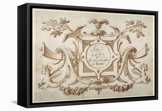 Strapwork Cartouche Associated with the Set of His Roman Views (Pen and Brown Ink with Brown Wash o-Sebastian Vrancx-Framed Premier Image Canvas