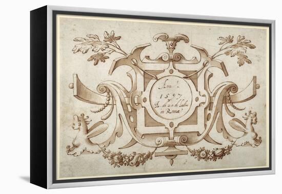 Strapwork Cartouche Associated with the Set of His Roman Views (Pen and Brown Ink with Brown Wash o-Sebastian Vrancx-Framed Premier Image Canvas