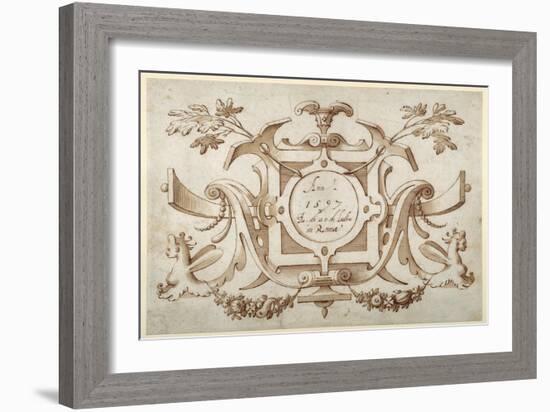 Strapwork Cartouche Associated with the Set of His Roman Views (Pen and Brown Ink with Brown Wash o-Sebastian Vrancx-Framed Giclee Print