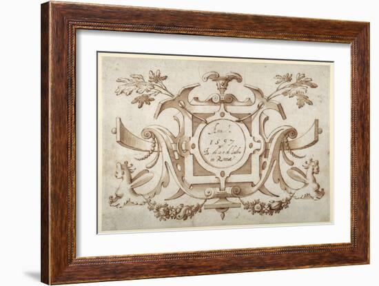 Strapwork Cartouche Associated with the Set of His Roman Views (Pen and Brown Ink with Brown Wash o-Sebastian Vrancx-Framed Giclee Print