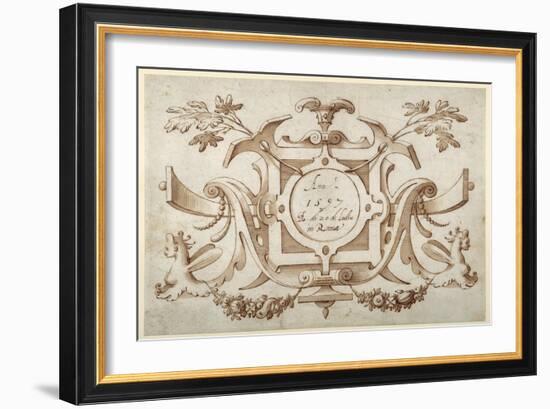 Strapwork Cartouche Associated with the Set of His Roman Views (Pen and Brown Ink with Brown Wash o-Sebastian Vrancx-Framed Giclee Print