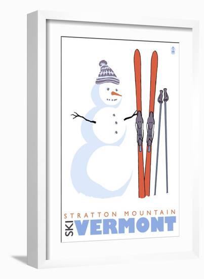 Stratton Mountain, Vermont, Snowman with Skis-Lantern Press-Framed Art Print