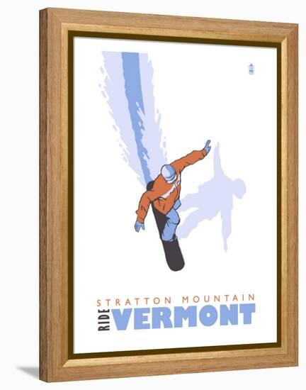 Stratton Mountain, Vermont, Stylized Snowboarder-Lantern Press-Framed Stretched Canvas