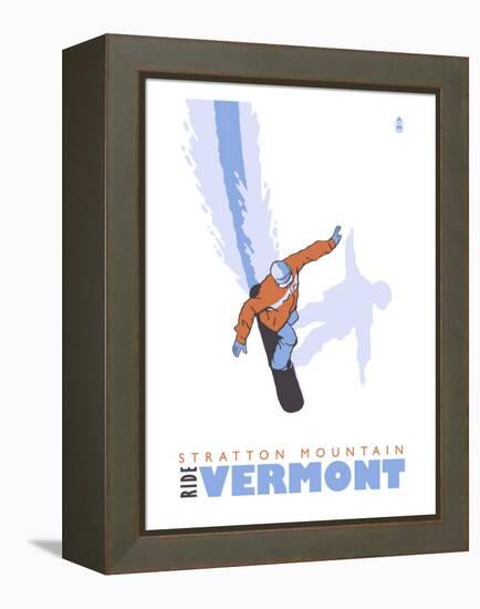 Stratton Mountain, Vermont, Stylized Snowboarder-Lantern Press-Framed Stretched Canvas