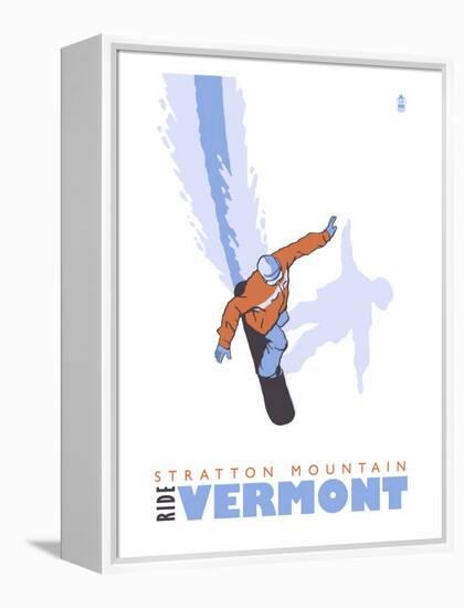 Stratton Mountain, Vermont, Stylized Snowboarder-Lantern Press-Framed Stretched Canvas