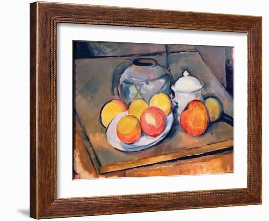 Straw-Covered Vase, Sugar Bowl and Apples, 1890-93-Paul Cézanne-Framed Giclee Print