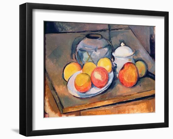 Straw-Covered Vase, Sugar Bowl and Apples, 1890-93-Paul Cézanne-Framed Giclee Print