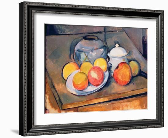 Straw-Covered Vase, Sugar Bowl and Apples, 1890-93-Paul Cézanne-Framed Giclee Print