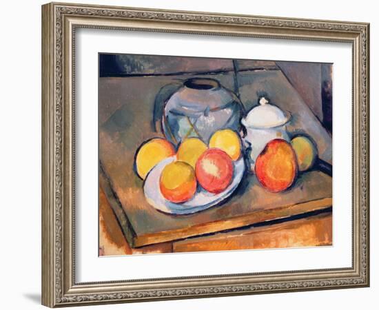 Straw-covered Vase, Sugar Bowl and Apples, 1890-93-Paul Cézanne-Framed Giclee Print