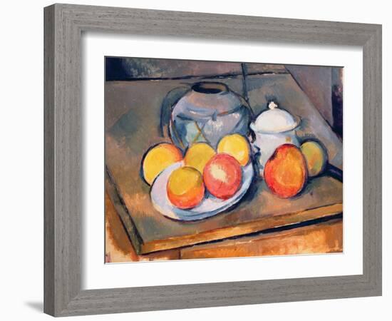 Straw-covered Vase, Sugar Bowl and Apples, 1890-93-Paul Cézanne-Framed Giclee Print