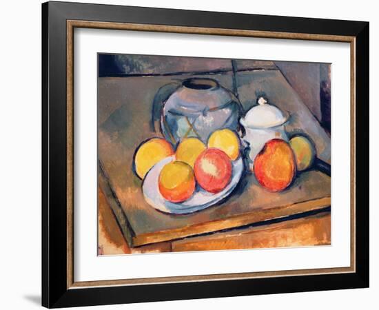 Straw-covered Vase, Sugar Bowl and Apples, 1890-93-Paul Cézanne-Framed Giclee Print