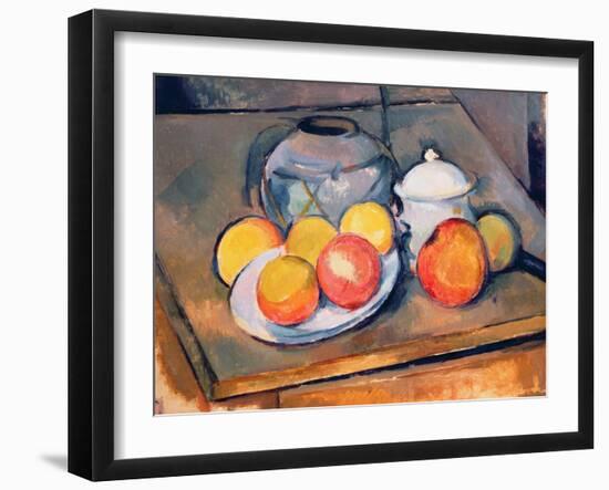 Straw-covered Vase, Sugar Bowl and Apples, 1890-93-Paul Cézanne-Framed Giclee Print