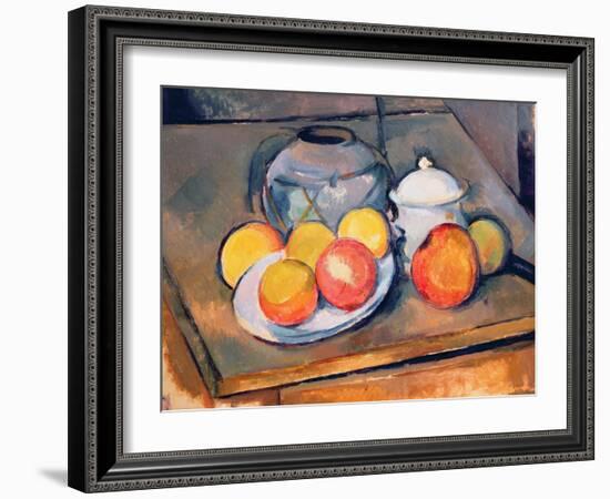 Straw-covered Vase, Sugar Bowl and Apples, 1890-93-Paul Cézanne-Framed Giclee Print