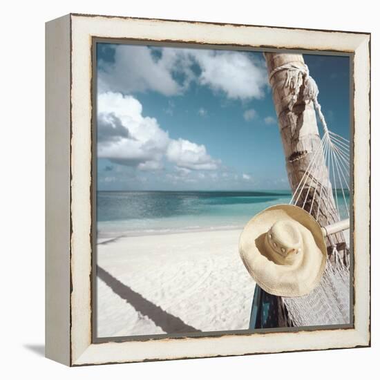Straw Hat and Hammock at the Beach-null-Framed Premier Image Canvas