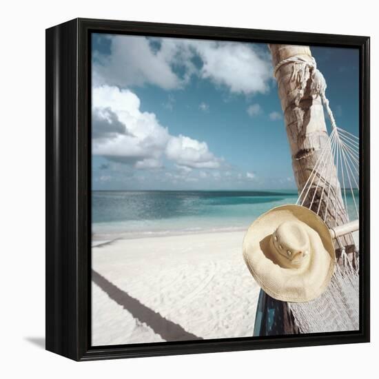 Straw Hat and Hammock at the Beach-null-Framed Premier Image Canvas